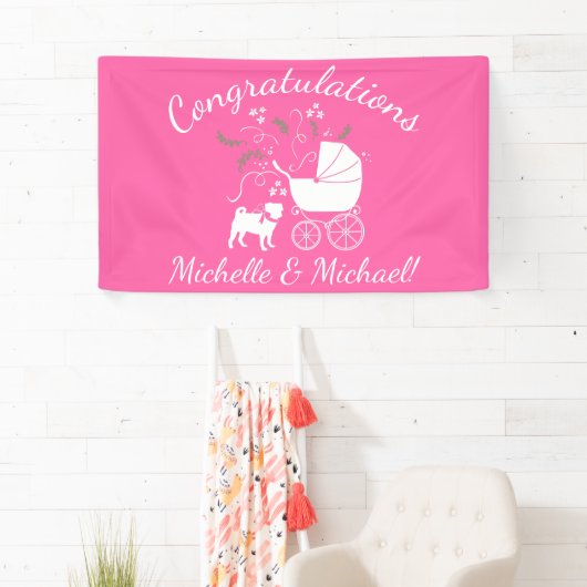 Mops Dog Babydusche Mädchen Pink mit Bow Banner (Insitu)