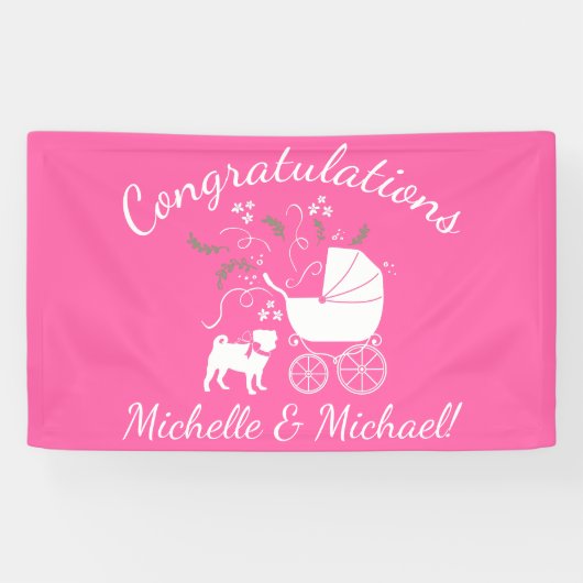 Mops Dog Babydusche Mädchen Pink mit Bow Banner (Horizontal)
