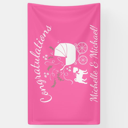 Mops Dog Babydusche Mädchen Pink mit Bow Banner (Vertikal)