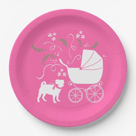 Mops Dog Babydusche Mädchen Pink mit Bow Pappteller (Vorderseite)