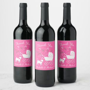Mops Dog Babydusche Mädchen Pink mit Bow Weinetikett