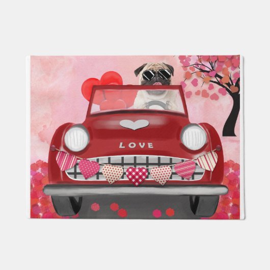 Mops Dog Car mit Herzvalentiner Fußmatte (Vorderseite)