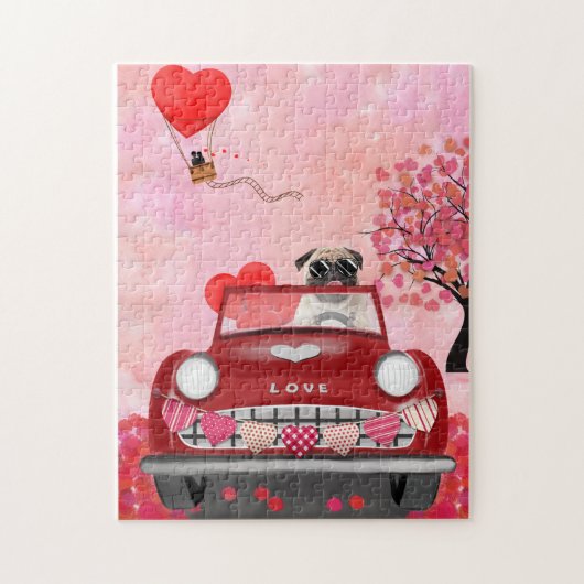 Mops Dog Car mit Herzvalentiner Puzzle (Vertikal)