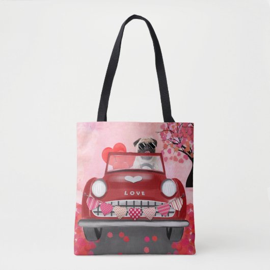 Mops Dog Car mit Herzvalentiner Tasche (Vorderseite)