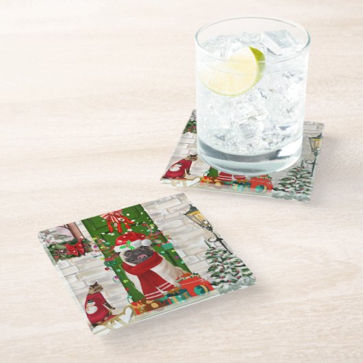 Mops Dog Christmas Glasuntersetzer (Schrägansicht)