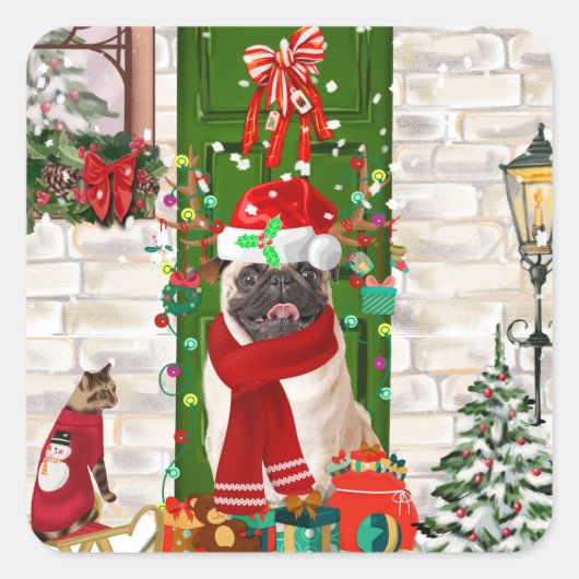 Mops Dog Christmas Quadratischer Aufkleber (Vorderseite)