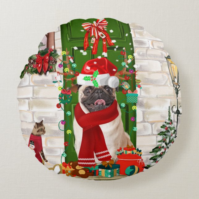 Mops Dog Christmas Rundes Kissen (Vorderseite)