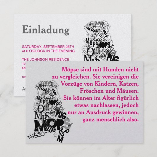 Mops Dog Einladungen (Vorne/Hinten)