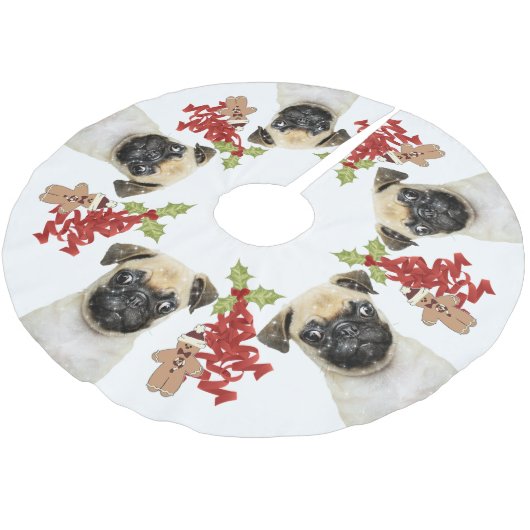 Mops Dog Fun Weihnachten | weiß Polyester Weihnachtsbaumdecke (Schrägansicht)