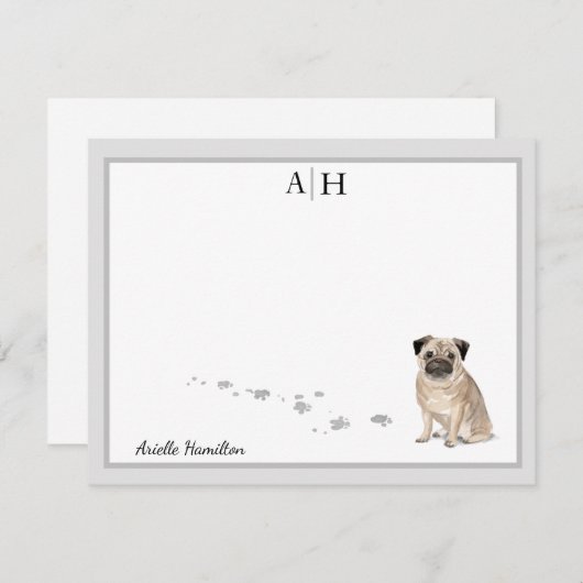Mops Dog Graue Border Monogramm Personalisiert Mitteilungskarte (Vorne/Hinten)