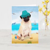 Mops Dog on Beach Karte (Gelbe Blume)