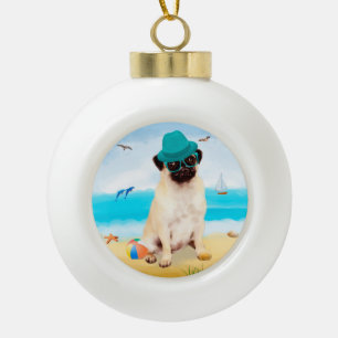 Mops Dog on Beach Keramik Kugel-Ornament