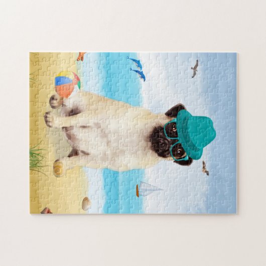 Mops Dog on Beach Puzzle (Horizontal)