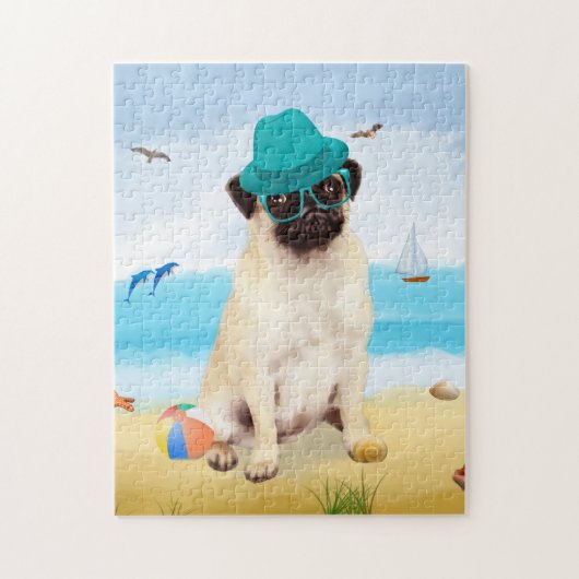 Mops Dog on Beach Puzzle (Vertikal)