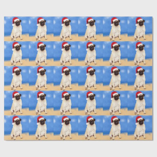 Mops Dog On Beach Weihnachten Weihnachtsmannmütze Geschenkpapier (Flach)