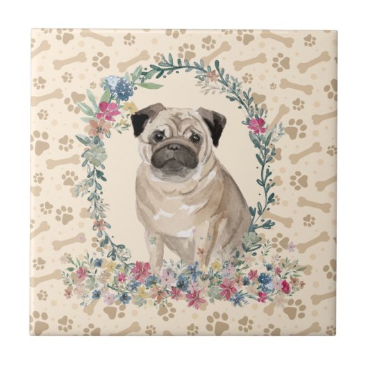 Mops Dog Paw Print Floral Niedlich Beige Fliese (Vorderseite)