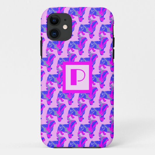 Mops Dog Pink & Blue Silhouette Monogramm Case-Mate iPhone Hülle (Rückseite)