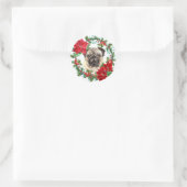 Mops Dog Poinsettia Holly Weihnachtskranz Runder Aufkleber (Tasche)