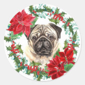 Mops Dog Poinsettia Holly Weihnachtskranz Runder Aufkleber (Vorderseite)