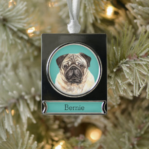 Mops Dog Portrait Personalisiert Banner-Ornament Silber