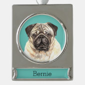 Mops Dog Portrait Personalisiert Banner-Ornament Silber (Vorderseite)