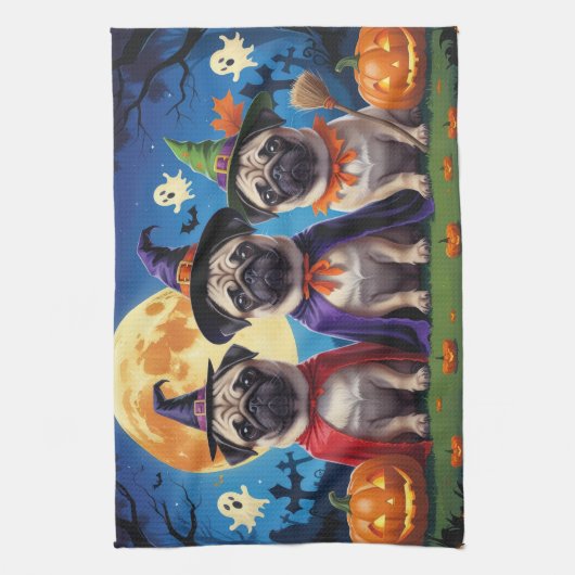 Mops Dog Pumpkin Halloween Funny Geschirrtuch (Vertikal)