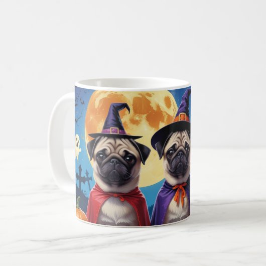 Mops Dog Pumpkin Halloween Funny Kaffeetasse (Vorderseite Links)