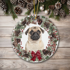 Mops Dog Red Bow Pinecone Kranz Personalisiert Keramik Ornament