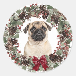 Mops Dog Red Bow Pinecone Kranz Weihnachten Runder Aufkleber