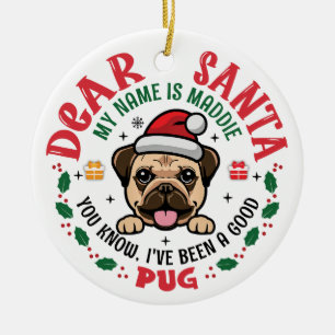 Mops Dog Santa Personalisierte Weihnachtsbaumrunde Keramik Ornament