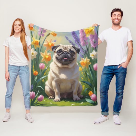 Mops Dog Spring Blumen Malerei Fleecedecke (Beispiel)