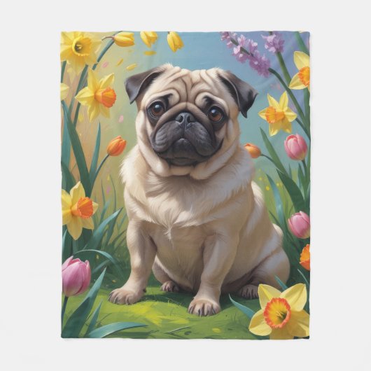 Mops Dog Spring Blumen Malerei Fleecedecke (Vorderseite)