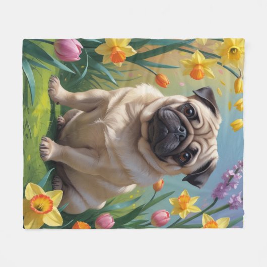 Mops Dog Spring Blumen Malerei Fleecedecke (Vorderseite (Horizontal))