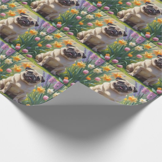 Mops Dog Spring Blumen Malerei Geschenkpapier (Ecke)
