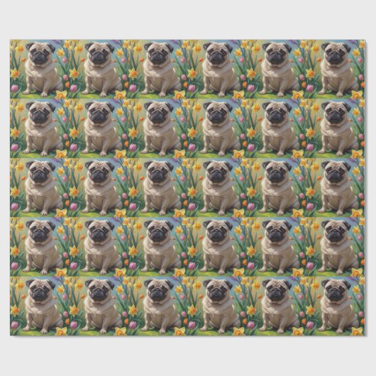 Mops Dog Spring Blumen Malerei Geschenkpapier (Flach)