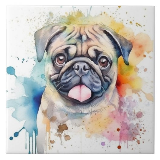 Mops Dog Watercolor Fliese (Vorderseite)