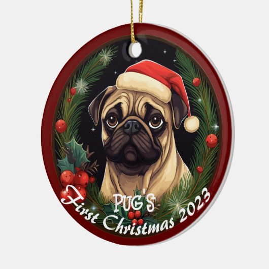 Mops erste Weihnachten Keramik Ornament (Links)