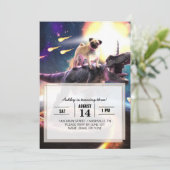 Mops fahren Dinosaurier Einhorn im Weltraum Einladung (Stehend Vorderseite)