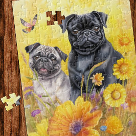 Mops Fawn Black Yellow Wildblumen Welpe Hund Lover Puzzle
