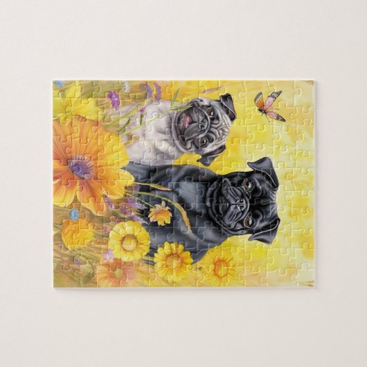 Mops Fawn Black Yellow Wildblumen Welpe Hund Lover Puzzle (Horizontal)