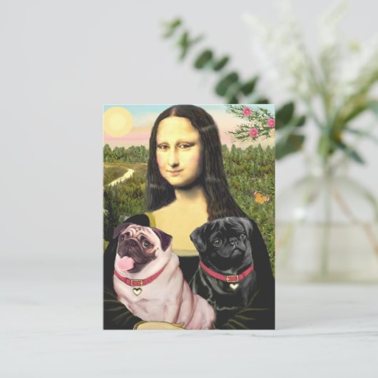 Mops (Fawn + Blk) - Mona Lisa Postkarte (Stehend Vorderseite)