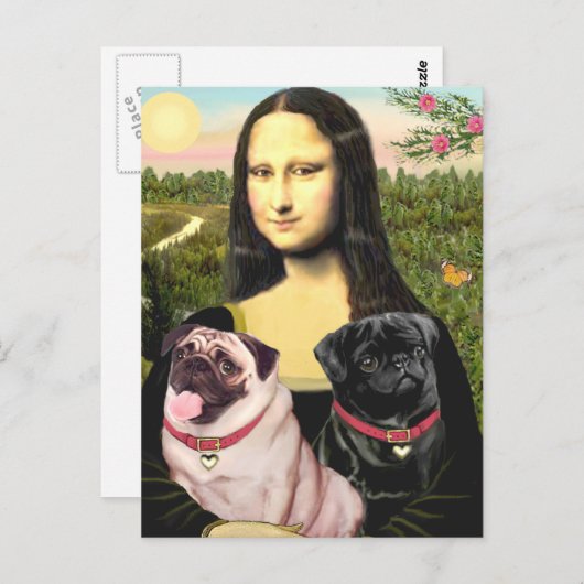 Mops (Fawn + Blk) - Mona Lisa Postkarte (Vorne/Hinten)