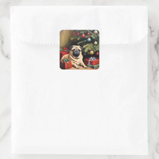 Mops feiert Weihnachten Quadratischer Aufkleber (Tasche)