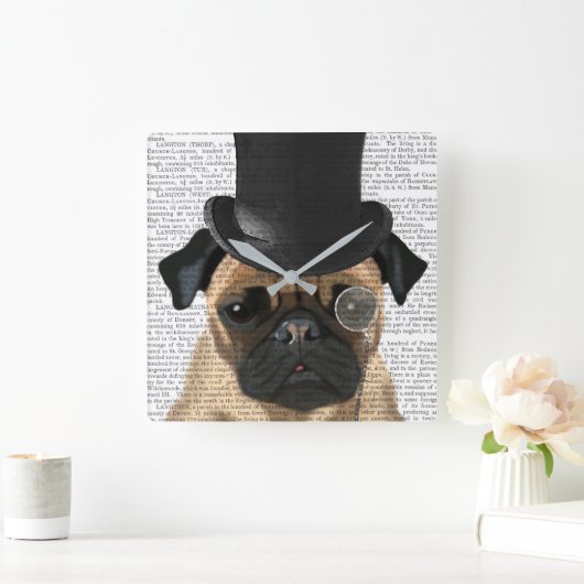 Mops, Festhund und Hut Quadratische Wanduhr (Zuhause)