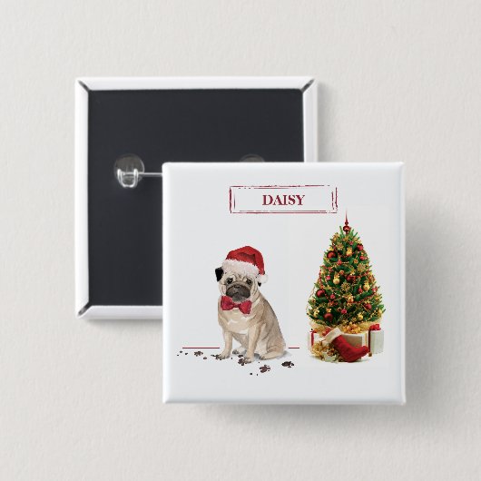 Mops Funny Christmas Dog mit Baum Button (Vorne & Hinten)