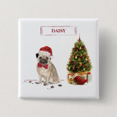 Mops Funny Christmas Dog mit Baum Button (Vorderseite)