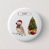 Mops Funny Christmas Dog mit Baum Button (Vorderseite)