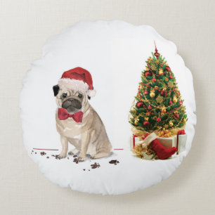Mops Funny Christmas Dog mit Baum Rundes Kissen
