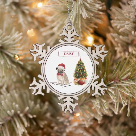 Mops Funny Christmas Dog mit Baum Schneeflocken Zinn-Ornament (Baum)