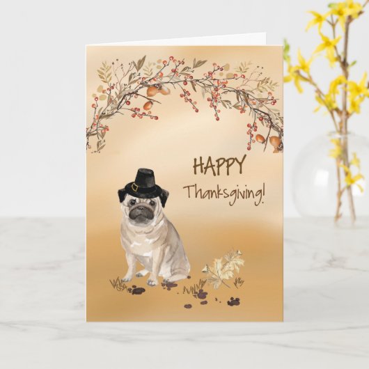 Mops Funny Pilgrim Hat Erntedank Karte (Gelbe Blume)